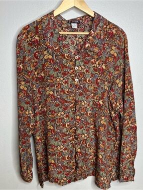 QUO-SILK Shirt Womens Brown Paisley 100% Silk Button Front Long Sleeve Large